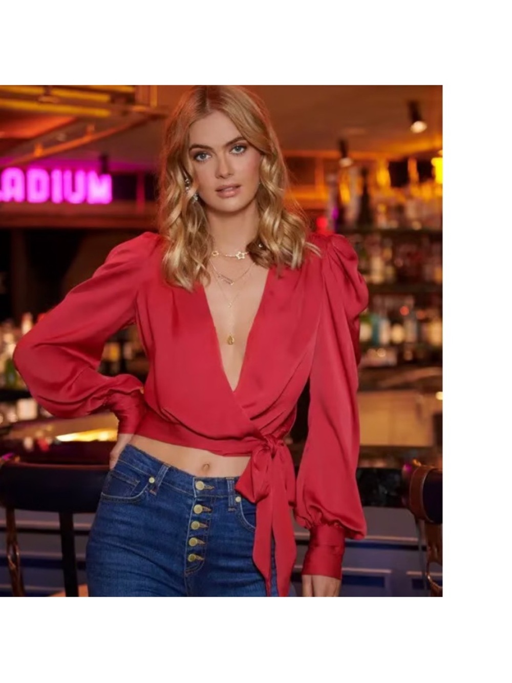 Ramy Brook Red Wrap Satin Crop Top with Long Puff Sleeves
